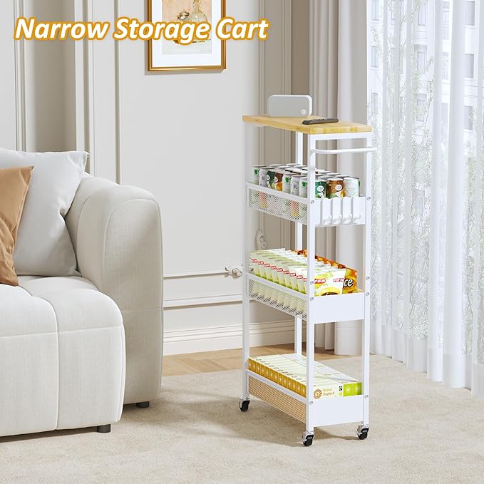 Vincona Slim Storage Cart on Wheels, 4 Tier Metal Narrow Rolling Cart with Handle and Wood Top, Multifunctional Small Mobile Shelf Unit Organizer Trolley for Laundry, Bathroom, Kitchen