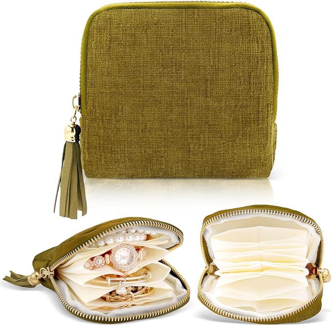 Travel Jewelry Case Small Soft Velvet Organizer Pouch Travel Gifts for Women Storage Bags Mini Jewelry Bag for Gemstones Bracelets Healing Crystal Earring Necklaces Small Pouch Olive Green