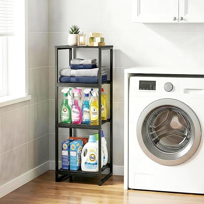 4-Tier Bathroom Shelving Unit, 33.7" H Narrow Open Floor Shelves, Metal Corner Slim Storage Rack for Bathroom Laundry Room Kitchen Living Room, Black