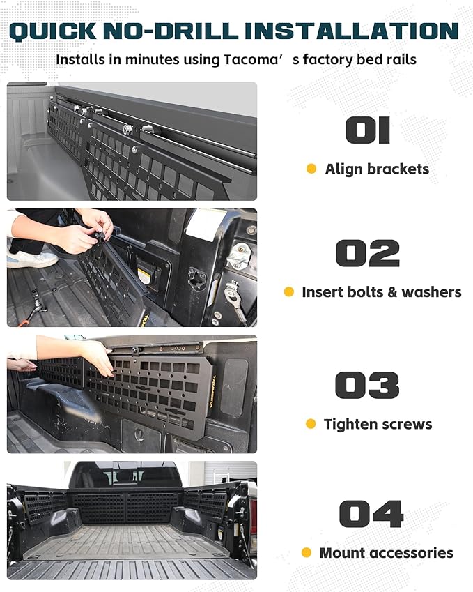 Trumgeta Front Bed MOLLE Panels Fit for 2016-2023 Toyota Tacoma 5FT Bed, Heavy-Duty Aluminum Truck Storage Organizer System for Camping, No-Drill Installation Truck Bed Organizer Accessories