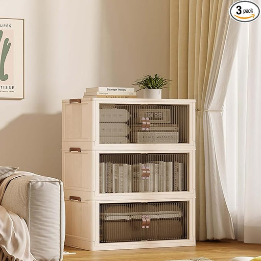 SAILUN 87Gal/348Qt Stackable Storage Bins Folding Collapsible Storage Bins with a Lid, Closet Organizers and Storage,Blush White 26" W x 17" D x 43.7" H