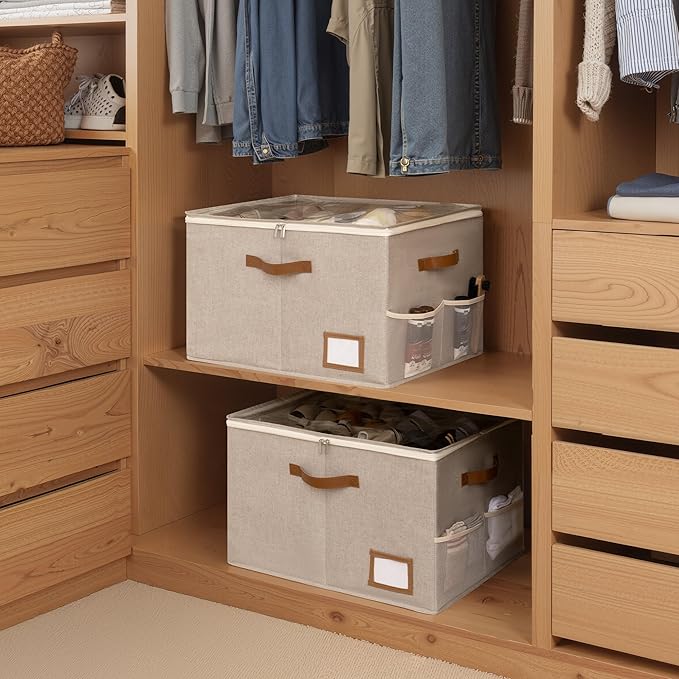 StorageWorks Shoe Organizer for Closet, 2 Pack Shoe Storage Boxes with Clear Lid, Stackable Shoe Storage Organizer for Sandals and Slippers, Fabric Shoe Bins for Closet, Holds 16–32 Pairs, Brown