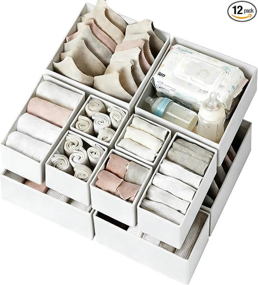 Criusia Drawer Organizer Clothes 12 Pack - Fabric Closet Organizers and Storage for Nursery Organization - Dresser Drawer Dividers for Baby Clothes/Socks/Underwear/Bras - College Dorm Room Essentials