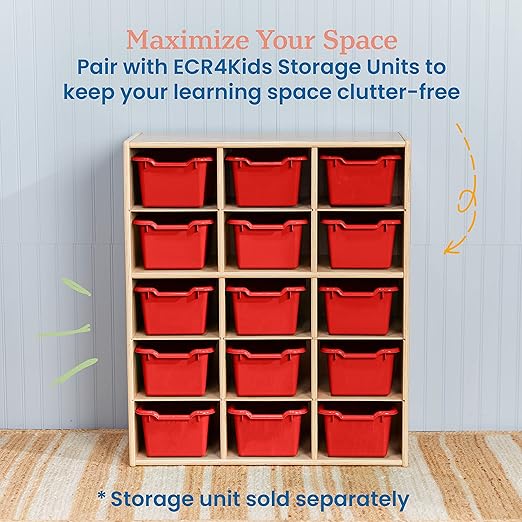 ECR4Kids Scoop Front Storage Bin, Multipurpose Organization, Red, 15-Piece