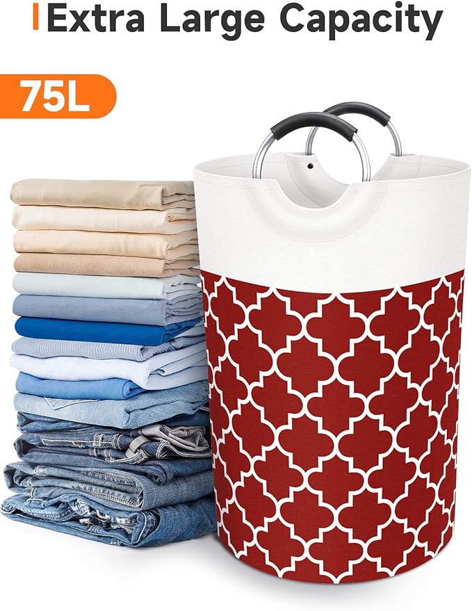 Fabspace Large Laundry Basket Laundry Hamper Bag Washing Bin Clothes Bag Collapsible Tall with Handles Waterproof Travel Bathroom College Essentials Storage for College Dorm, Family (Red) 75L