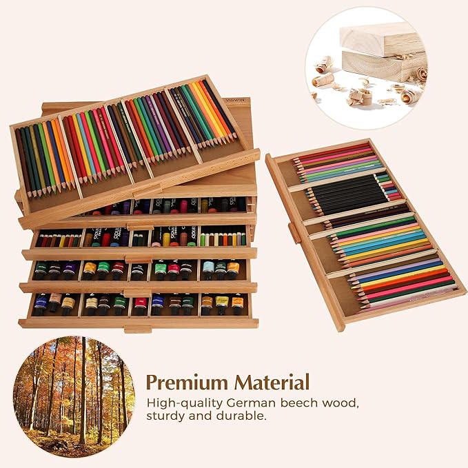 VISWIN Upgraded 6-Drawer Wood Artist Supply Storage Box with Removable Dividers, Premium Beech Wood Art Storage Box, Portable Organizer Box for Paints, Markers, Pencils, Pens, Brushes and Art Supplies