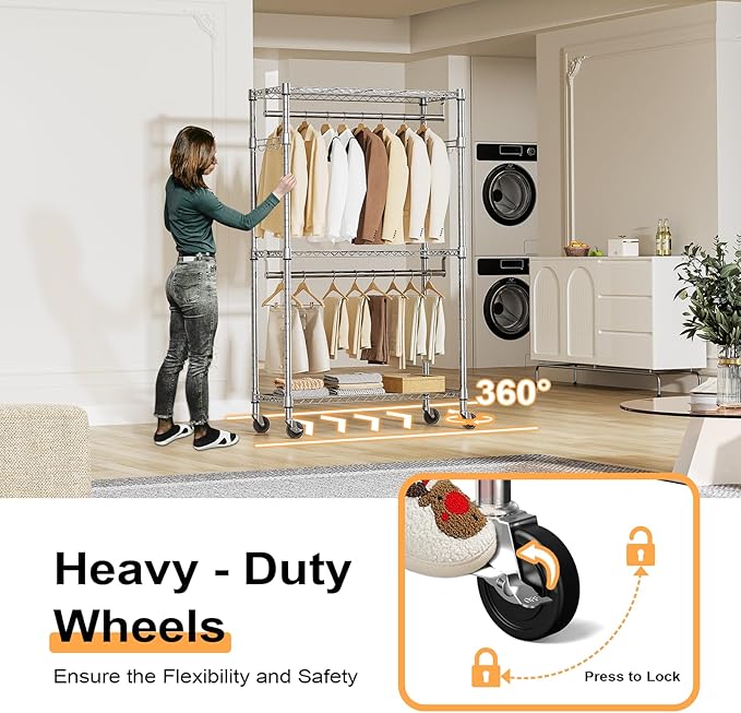 M MZG Heavy Duty Rolling Garment Rack 3 Tiers Adjustable Wire Shelving Clothes Rack with 2 Rods and Side Hooks,Storage Closet Clothing Rack with Wheels Chrome 15.7" D x 29.5" W x 74.5" H