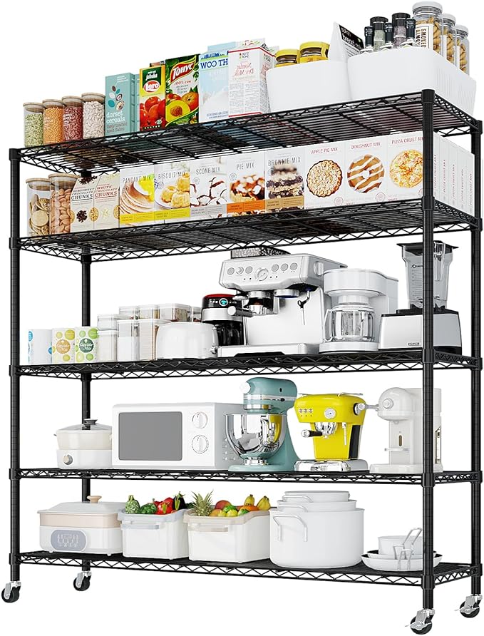 5 Tier Storage Racks Shelving, Heavy Steel Pantry Shelves, Adjustable Wire Shelving Rack with Wheels, Suitable for Garage, Kitchen, Bathroom, Office, 35" W x 14" D x 65" H, Black