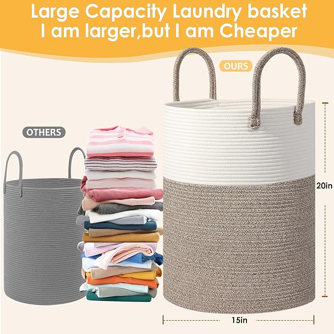 Cotton Rope Laundry Basket, 60L Large Collapsible Storage Hamper with Handles, Sturdy Woven Basket for Blankets, Toys, Clothes, Decorative Tall Nursery Organizer for Living Room Bedroom,Beige