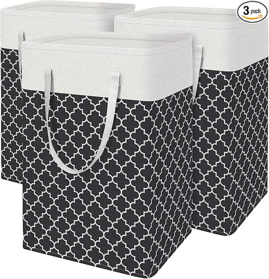 BlissTotes 3-Pack Laundry Basket, Freestanding＆Waterproof Laundry Hamper, Collapsible Tall Clothes Hamper with Easy Carry Handles for Clothes, Towels in the Family and Dorm,Clover Black,75L