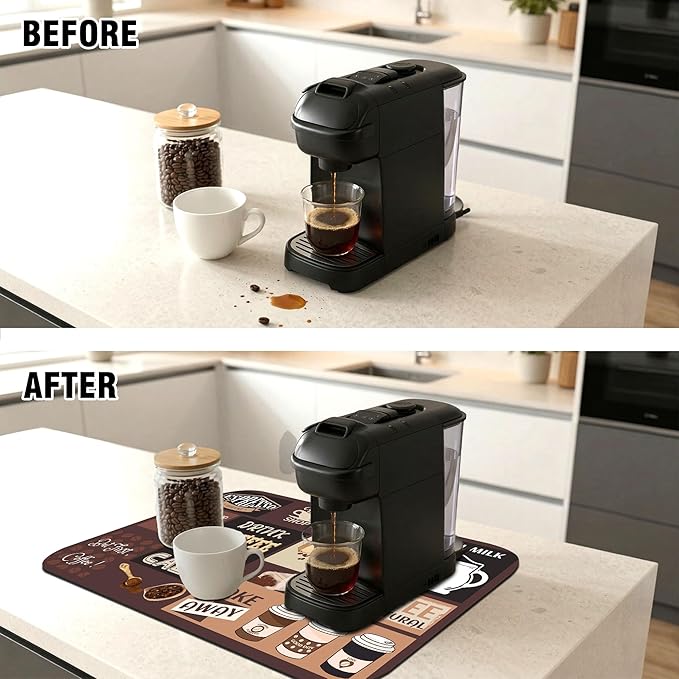 Retro Coffee Pattern Drying Mat 12" x 19", Non-Slip Absorbent Quick-Dry Mat, Protects Countertops from Spills Stains for Coffee Makers Espresso Machines