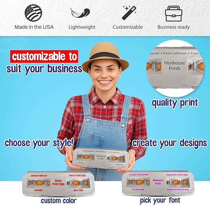 MT Products Custom Printed Egg Cartons Hold Twelve Eggs - Natural Pulp Personalized Egg Container (Pack of 250) - Made in USA