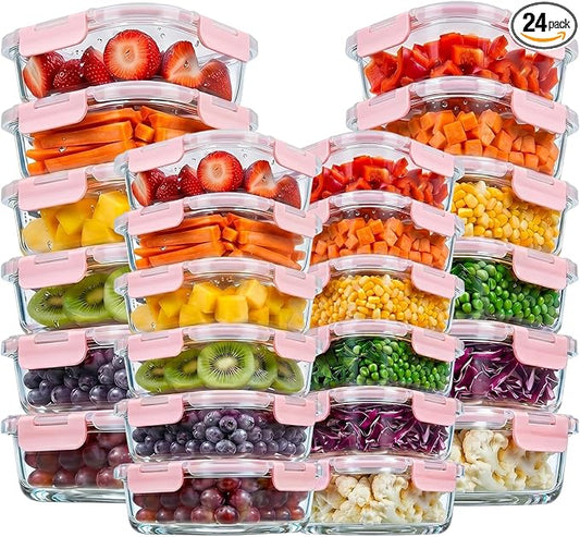 Konokyo Square Glass Food Storage Containers with Lids, 24 Pack Airtight Leakproof Meal Prep Containers, BPA-Free, Microwave Oven Freezer & Dishwasher Safe, Assorted Sizes