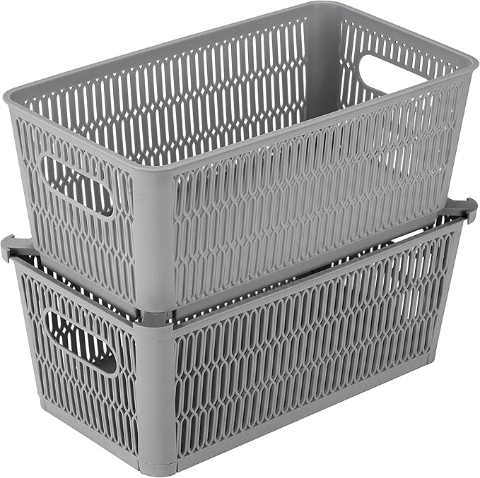 Simplify 2Pk Small Slide 2 Stack It Tote Basket | Storage & Organization | Open Bins with Stackable Capability | Bathroom | Crafts | Pantry | Playroom | Office | Grey