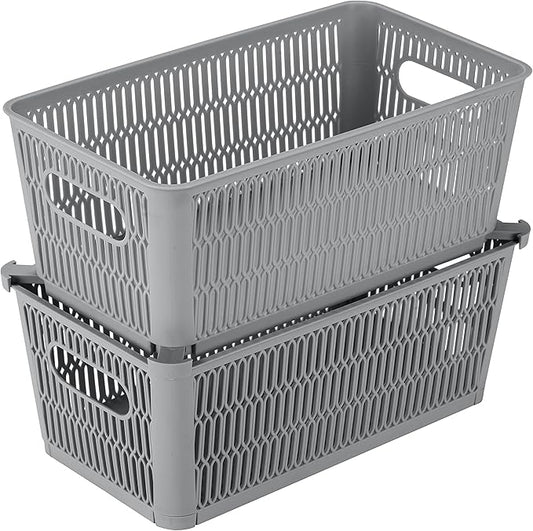 Simplify 2Pk Small Slide 2 Stack It Tote Basket | Storage & Organization | Open Bins with Stackable Capability | Bathroom | Crafts | Pantry | Playroom | Office | Grey