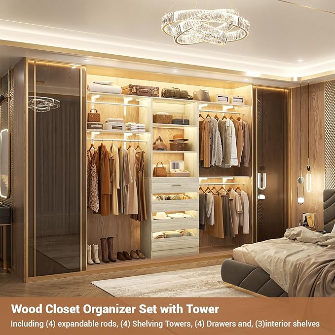 Aheaplus Closet System with 4 Drawers, 8FT Wood Closet Organizer System, 96’’ Closet Built In System Tower with Shelves, Walk-in Closet Wardrobe Clothes Garment Rack, Fits Spaces 4-9 ft, White Oak
