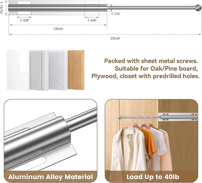 12" Valet Rod Standard for Closet, Slide Out Closet Valet Rod - 12" to 22", Polished Chrome Finish, Heavy-Duty 40lbs Capacity