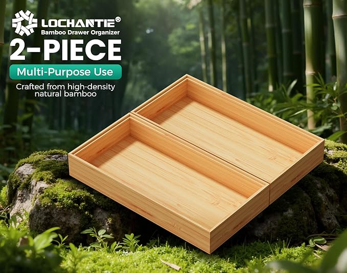 Bamboo Kitchen Drawer Organizer Set of 2, Stackable 12" x 6" Wood Silverware Utensil Tray for Drawers Bins, Cutlery & Flatware Storage – Wooden Boxes Organizers for Junk Drawer, Bathroom, RV