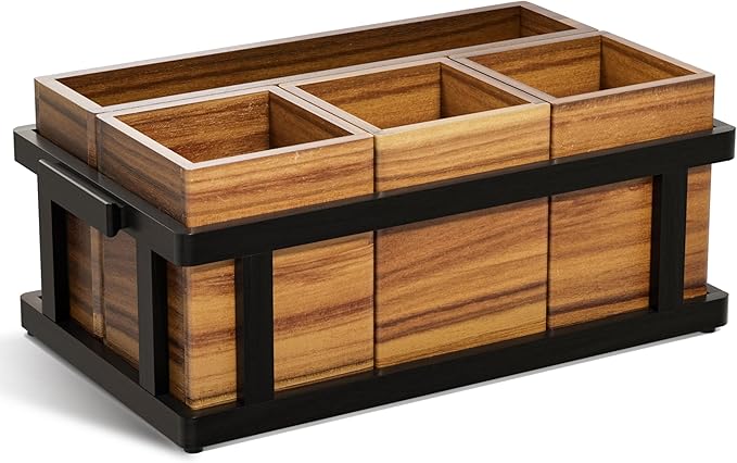 Acacia Silverware Caddy for Parties, Utensil Caddy with Paper Plate Dispenser, 4-Compartment Cutlery Flatware Organizer for Spoons, Forks, Napkins - Black Painted Wood Frame