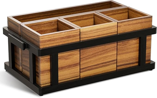 Acacia Silverware Caddy for Parties, Utensil Caddy with Paper Plate Dispenser, 4-Compartment Cutlery Flatware Organizer for Spoons, Forks, Napkins - Black Painted Wood Frame