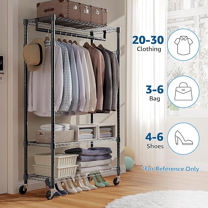 M MZG Heavy Duty Rolling Garment Rack 3 Tiers Adjustable Wire Shelving Clothes Rack with Rods and Side Hooks,Storage Closet Clothing Rack with Wheels Black 15.7" D x 29.5" W x 74.5" H