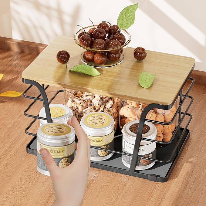 TIDIIABODE Pantry Organizers and Storage - Stackable Wire Basket with Lightweight PP Mat & Bamboo Top for Fruits Vegetables,Fruit Holder for Kitchen Countertop,Black