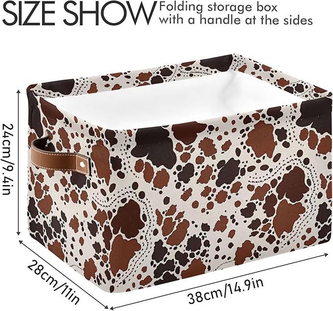 xigua Cow Print Storage Basket Collapsible Storage Bins Waterproof Canvas Storage Basket with Leather Handles for Home Closets Offices,Bedrooms,Gift Baskets,2PCS