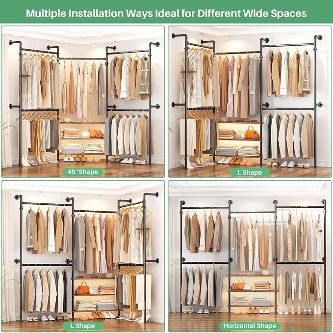 Aheaplus Expandable Industrial Pipe Clothing Rack, 7.3-10.9Ft Wall Mounted Closet System, Reversible L Shaped Clothes Rack for Hanging Clothes, Heavy Duty Walk-in Corner Wardrobe Closet, Rustic Brown