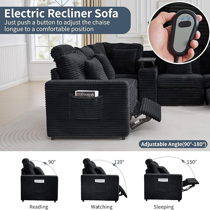 LEVNARY 6-Seat U Shaped Modular Sectional Sofa with Power Recliners, Faux Rabbit Fur Upholstery, Storage Console with Charging Ports & Cup Holders, Living Room Couch Set for Home Office (Black)