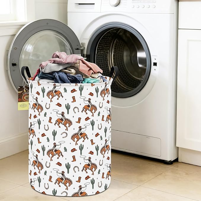 HUNRUNG Collapsible Fabric Storage Basket, Waterproof Laundry Hamper with Handles, Round Storage Bin for Clothes Toys, Foldable Organizer for Bedroom Nursery Bathroom(Round-Cowboy)