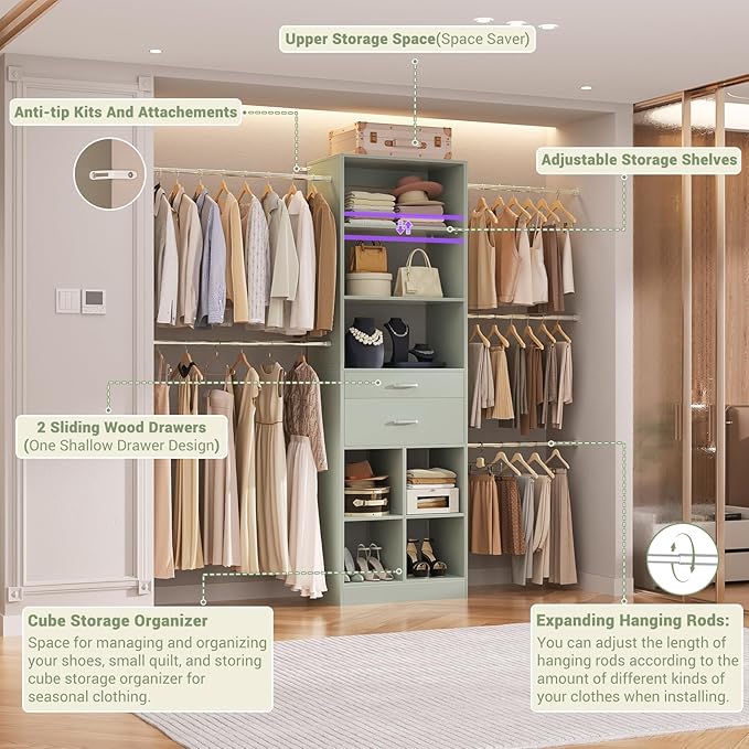 Besiost Closet System, 4-8 FT Closet Organizer Tower with 2 Wooden Drawers and 5 Hanging Rods, Can Fit 60 to 96 inch Walk-in Closet System, Crab Green