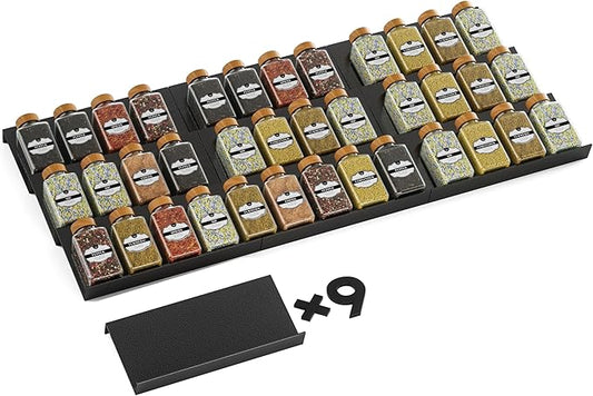 Artibear Aluminum Spice Drawer Organizer, Spice Rack Tray for Kitchen Cabinet, 9 Pieces Set-Expandable Seasoning Storage Rack From 8"-24" Insert for Drawer/Countertop (Jars Not Included)