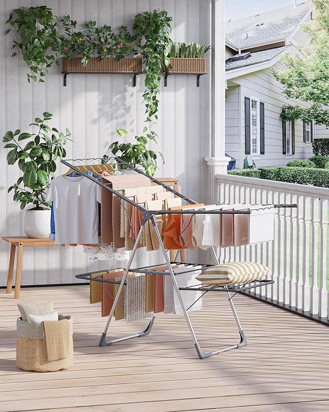 Sakugi Clothes Drying Rack, Foldable 2-Level Laundry Drying Rack with Height-Adjustable Wings, for Clothing & Bedding, Free-Standing Space-Saving Rack, Indoor & Outdoor, 55.5" L × 22.8" W, Gray
