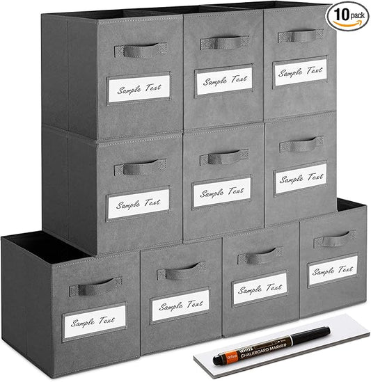 artsdi 11 Inch Storage Cube,Storage bin (Set of 10) Foldable Fabric Cube Storage Bins with 10 Labels Window Cards & a Pen,Baskets Containers for Shelves,Closet Organizers Box for Home & Office,Gray