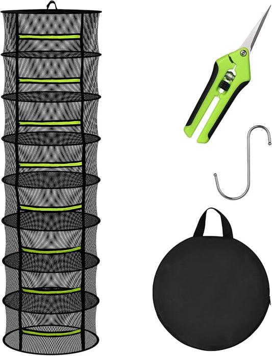 MEKOLIFE Herb Drying Rack Hanging-8 Layer, Collapsible Large Capacity Mesh Net with Green Zipper, Hooks & Bonus Garden Scissors, for Fresh Herbs/Flowers/Plants, Indoor Outdoor Use (23.62")