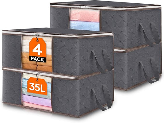 Lifewit 4 Pack 35L Clothes Storage Bins with Lids, Foldable Blanket Storage Bags with Zippers, Clear Window and Reinforced Handles, Closet and Organization for Clothing, Sweater, Comforter, Bedding