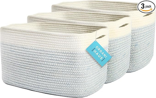 OrganiHaus Rope Baskets for Shelves - Set of 3 Woven Storage Baskets for Organizing, Closet & Toy Storage - Blue/White - 15x9x10