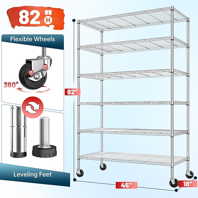 Romorgniz 82" H X45 W X18 D Storage Shelves with Wheels, 6 Tier Wire Shelving Adjustable Metal Shelving Pantry Shelves Capacity 1200LBS for Garage Shelving, Pantry, Kitchen, Commercial, Chrome，2P
