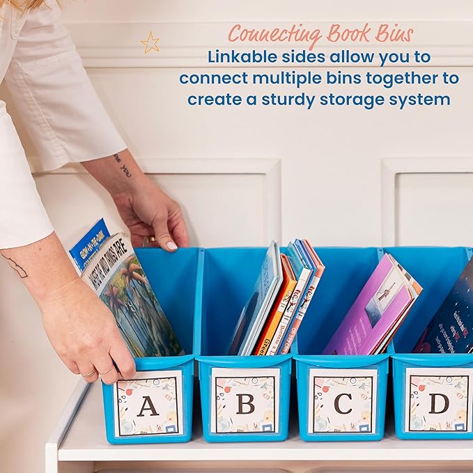 ECR4Kids Linking Plastic Storage Book Bin, Multipurpose Organization, Neon Blue, 10-Piece