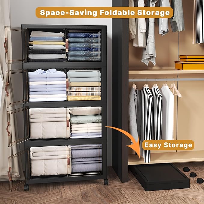 UAMFURI Extra Large Stackable Storage Bins with Lids & Wheels, 480QT-120QT/30GAL*4Pack Foldable Collapsible Closet Organizers Storage Cabinet with Doors for Bedroom Dorm