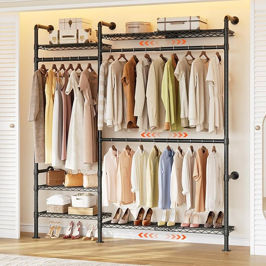 ONBRILL H2 Plus Expandable Wall Mounted Closet System, 3.8FT-5.1FT Closet Organizer with Telescopic Shelves & Adjustable Rods, Industrial Pipe Clothing Rack for Walk-in & Reach-in Closet (Black)