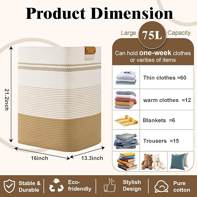 Laundry Hamper, 75L Tall Laundry Basket with Leather Handles, Rectangle Large Clothes Hamper for Organizing, Cotton Woven Laundry Baskets Storage Hampers for Bedroom, Nursery, Living Room