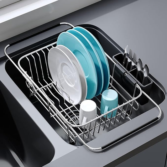 Apartment RV Small Dish Drainer Drying Rack Over The Sink In Stainless Steel for Narrow Kitchen, Counter Space Saving Compact Expandable Metal Plate Dryer Strainer, Modern Above Wire Drain Holder