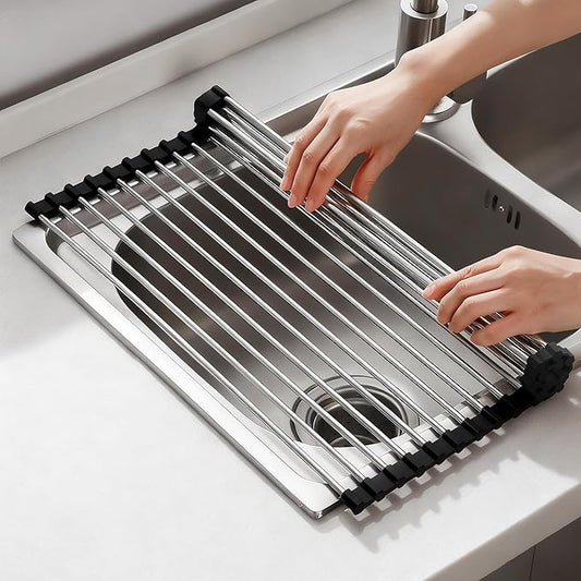 NEZUIBAN Dish Drying Rack with Roll Up and Over Sink for Kitchen,17.5"x15.7",Black