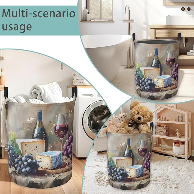 Laundry Hamper Foldable Oxford Cloth Wine Grapes Laundry Basket With Handle Portable Clothes Storage Organizer Basket Storage Bag For Laundry Room/Bedroom/Bathroom