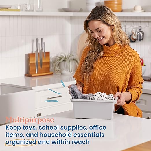 ECR4Kids Scoop Front Storage Bin, Multipurpose Organization, Light Grey, 15-Piece