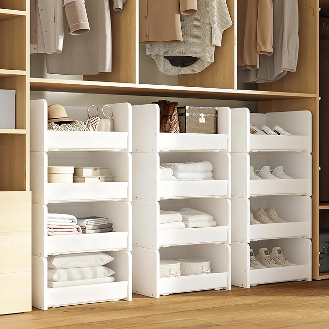 FOUCSSOMEI 4-Tier Stackable Closet Organizer and Storage, Closet Shelves – Heavy-Duty Closet Darwers Wood & Metal, Easy Assembly, Space-Saving,White, Patent Design