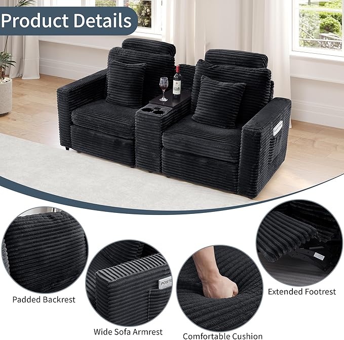 LEVNARY 2-Seater Modular Reclining Sofa with Center Console, Faux Rabbit Fur Power Recliner Loveseat with Cup Holders, USB Charging, Side Pockets & 2 Pillows, Living Room Furniture (Black)