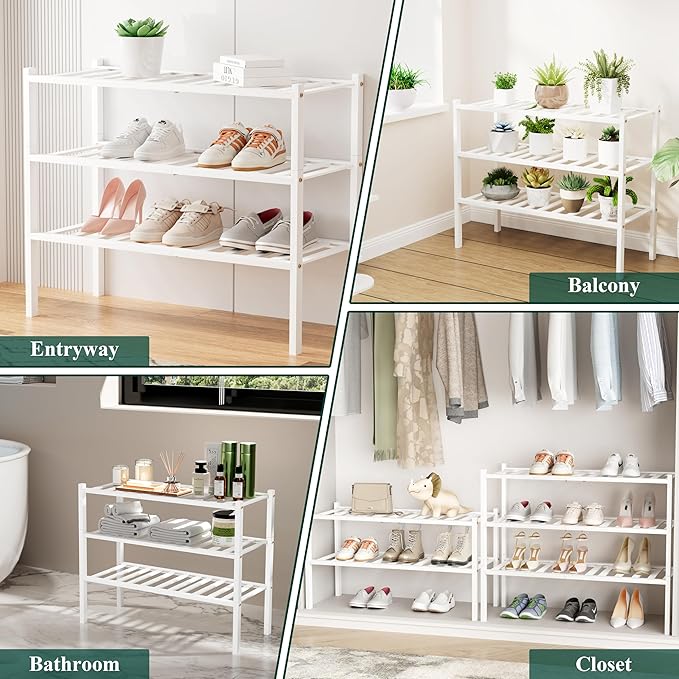 Smiry Shoe Rack, 4 Tier Small Bamboo Shoe Organizer, Stackable Free Standing Wooden Shoe Storage Shelf for Closet, Entryway, Front Door Entrance, White