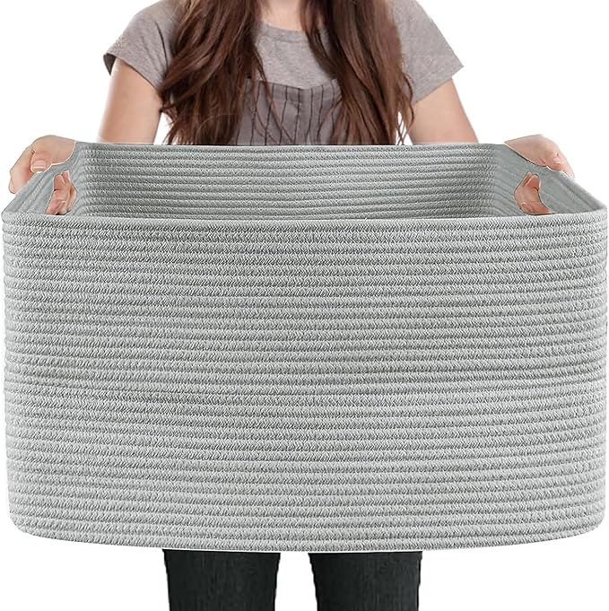 MEGASKET Extra Large Rectangle Storage Basket, 23.6" x 17" x 12" Gray Blanket Storage for Living Room, Large Soft Woven Cotton Rope Bin for Organizing, Kids Dog Wicker Toy Box Organizer